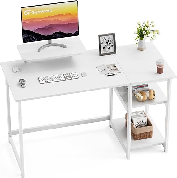 GreenForest Office Desk 100cm with Monitor Stand, Full White