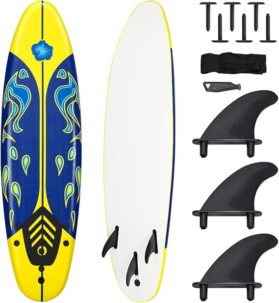 Giantex Surfboard, 6 Ft Stand Up Surfing Board w/ 3 Detachable Fins, Safety Leash, Non-Slip Lightweight Foam Surfboard for Kids, Teenager, Adults