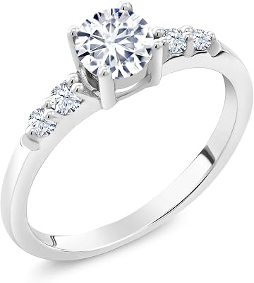 Gem Stone King 925 Sterling Silver White Moissanite and Created Sapphire Engagement Ring For Women 0.67 Cttw, Round 5MM