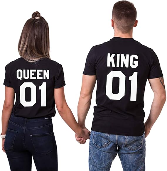 T-Shirt King Queen Pair Set 2 Matching Couple Valentine Birthday Wedding