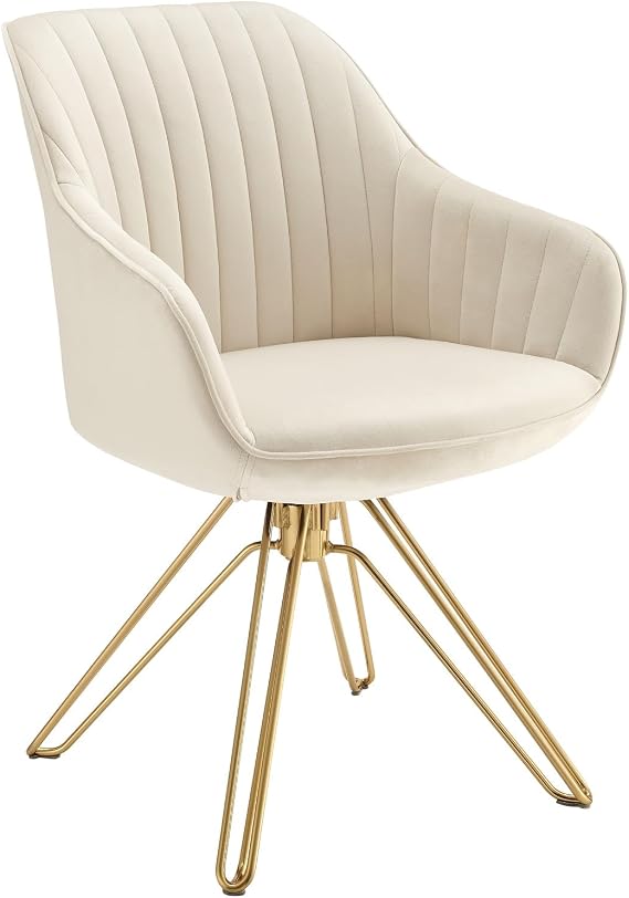 Zouron Dining Room Chair No Wheels, Mid Century Modern Swivel Accent Chair with Gold Plated Legs, Velvet Upholstered Dining Room Chairs for Bedroom, Kitchen, Small Space, Off White