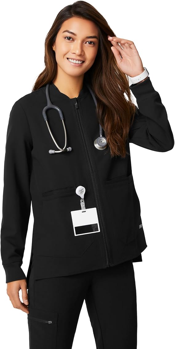 FIGS Bellery Scrub Jacket for Women 7 Pockets, Bomber-Inspired Fit, Ribbed Collar, 4-Way Stretch