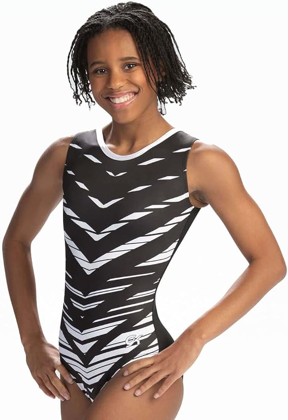 GK Gymnastics Leotard for Girls - Black and White Chevron Dance One Piece