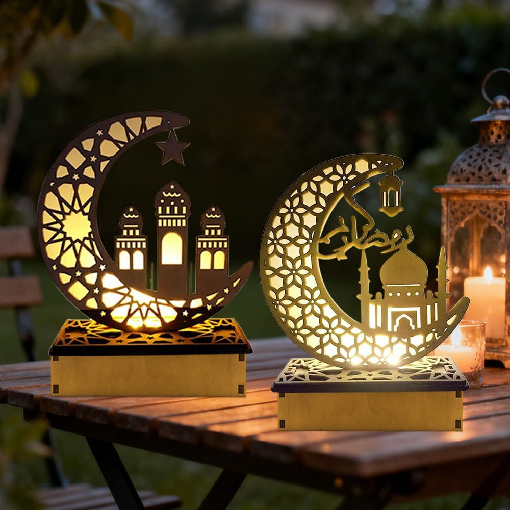 2 Pcs Ramadan Lights Decorations, Ramadan Eid LED Night Light, Ramadan Decorations for Home, Ramadan Eid Mubarak Ornaments Muslim Ramadan Table Lamp, Wooden Moon Star Night Lights for Eid Festival