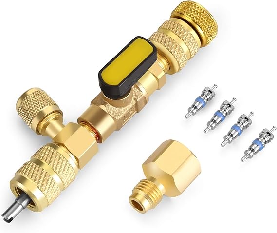 WADEO Valve Core Remover Installer Tool with Dual Size SAE 1/4 & 5/16 Port, 4 Valve Cores with Teflon Seal, Compatible with R22 R12 R407 R410 R404 R32 R600 A/C