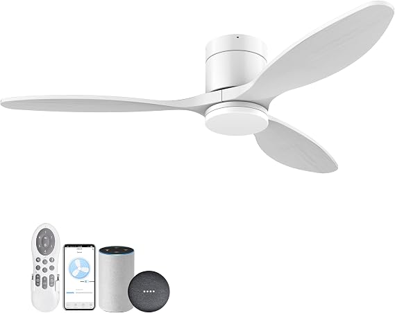 52 Inch Wood Smart Ceiling Fans with Lights Remote Control, Modern White Ceiling Fan Indoor Outdoor Quiet DC Motor, Ceiling Fan