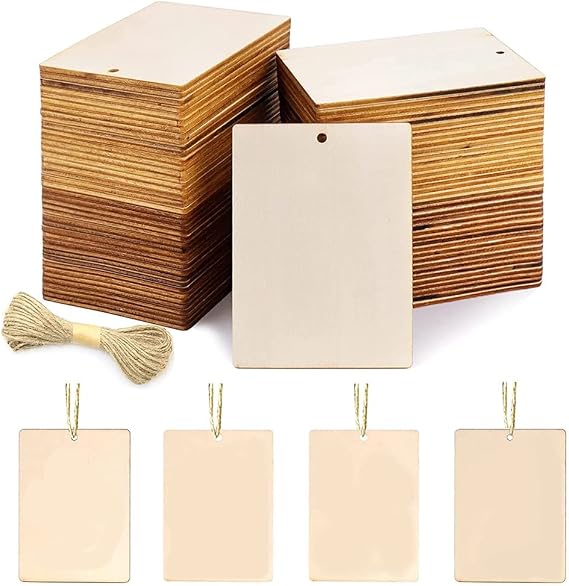 45Pcs Blank Wooden Tags 3.5 X 2.5Inch for Crafts with Holes and 42.65 Ft Twine for Tags
