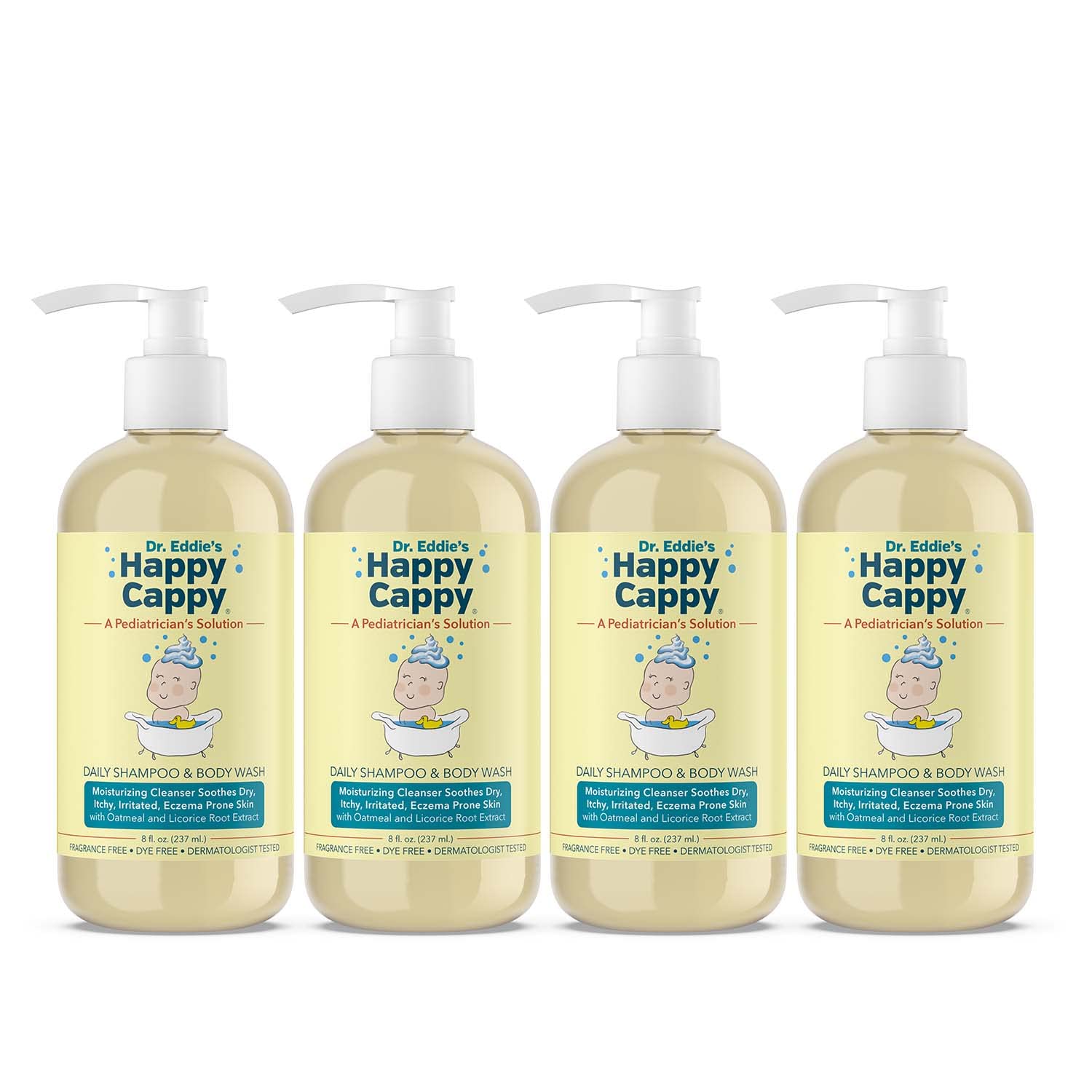 Happy Cappy Baby Shampoo and Body Wash - Eczema Body Wash for Kids, Toddler, Adults, Helps with Dryness, Reduces Itching and Redness, Dermatologist Tested, Fragrance Free - 8 Fl Oz Pack of 4