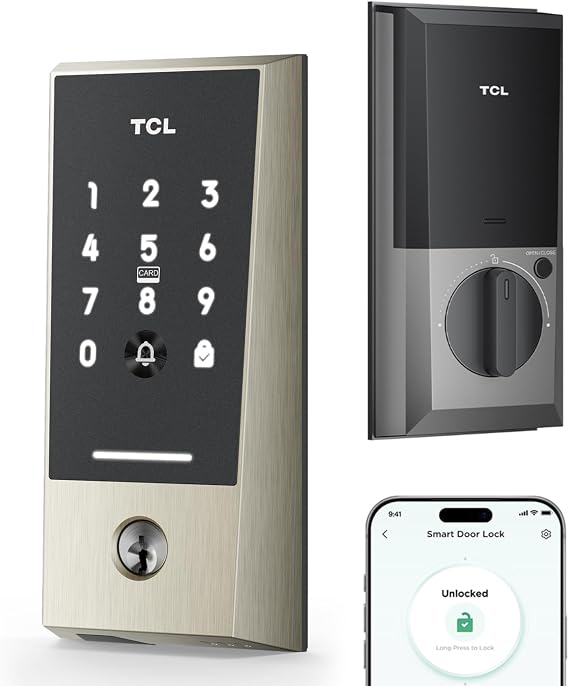 TCL D2 Smart Lock, Keyless Entry Door Lock with App Control, Passcodes, Mechanical Keys & Temporary Codes, Auto Lock, Compatible with Alexa/Google, Easy Install for Front Door/Home/Rental