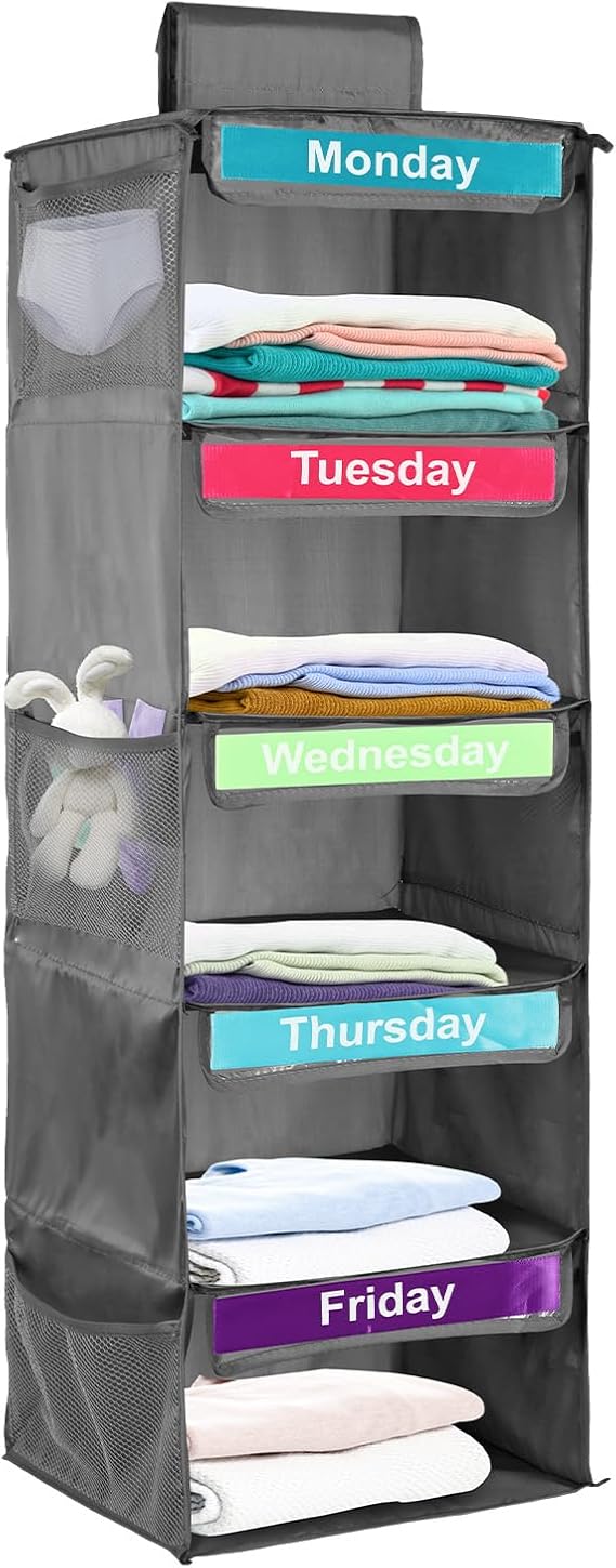Weekly Clothes Organiser for Kids, 5-Shelf Hanging Storage Organiser for Daily Clothes, Day of The Week Children Clothes Organizer, Monday to Friday Wardrobe Storage for School Uniform Hats (gray)