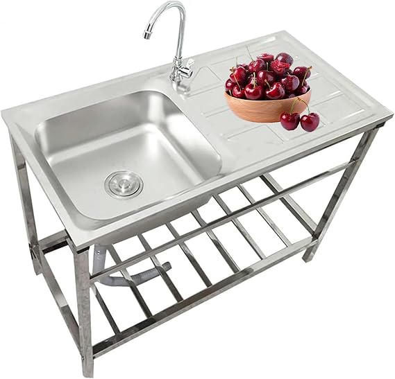 Free Standing Sink Stainless-Steel Single Bowl Commercial Restaurant Kitchen Station w/Faucet & Drainboard, Prep & Utility Washing Hand Basin w/Workbench & Double Storage Shelves Indoor Outdoor Laundr
