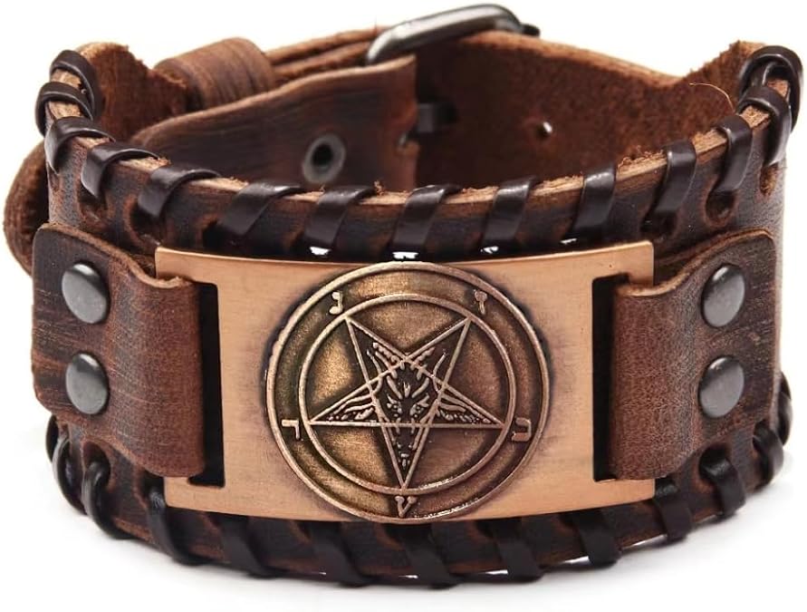 Satanic Leather Cuff Bracelet, Demon Baphomet Satanic Goat Head Bracelet, Gothic Inverted Pentagram Bangle