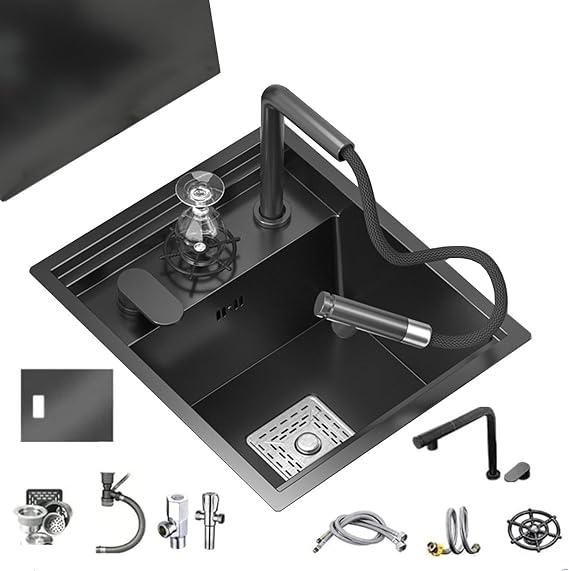 RV Bar Kitchen Hidden Stainless Steel Small Sink with Cover, Lifting Faucet, Siphon Balcony Studio Outdoor Vegetable and Hand Washing