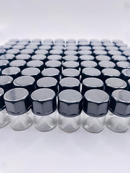 [20 Pack] 2 ml Glass Vials, High Grade Borosilicate Glass Empty Vials with Caps, Small Liquid Sample Clear Vial, Black Closed Top Screw Caps with PE Liner (1/2 Dram)