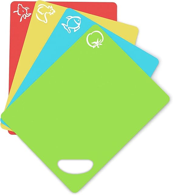 Extra Thick Flexible Plastic Chopping Board (Set of 4 with Holes) - Plastic Cutting Board Set - Mats with Food Icons & EZ-Grip Waffle Back - Colour Coded Chopping Boards for Kitchens