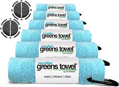 6 Pack Caribbean Golf Clip Towel with 2 Poker Chip Ball Markers, Plush Microfiber Nap Fabric, 16x16, The Original Value 6 Pack with 2 Speed Dial Ball Markers Caribbean Blue