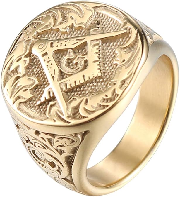 Men's Masonic Freemason Gold Plated Stainless Steel Rings Classic Master Mason Signet Band Jewelry