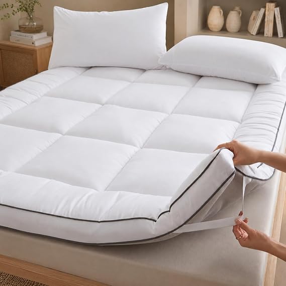 Extra Deep 5cm Mattress Topper Kingsize Bed Quilted Breathable Box Stitched Mattress Pad Soft Supportive Comfortable Bed Topper with Easy Fit Corner