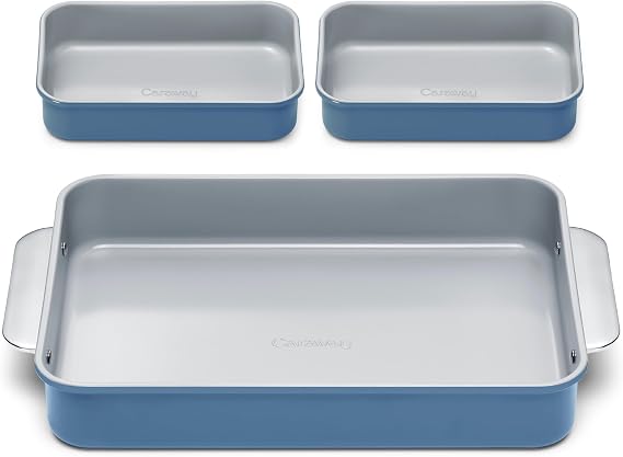 Caraway Nonstick Rectangle Baking Pan Set 2x 9" x 6.5" & 1x 9" x 13" - Non-Toxic, PTFE & PFOA Free Aluminized Steel Core Deep Ceramic Baking Pan for Casseroles, Lasagna & More - Slate