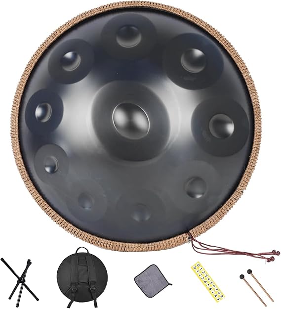 Handpan Drum 22 Inches 10 Notes 440HZ in D Minor Steel Hand Drum with Soft Handpan Bag, Harmonic Percussion for Sound Healing, Handpan Instrument for Personal Meditation,Yoga(Black)