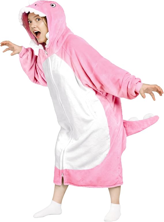 Waitu Dinosaur Wearable Blanket Hoodie Funny Halloween Costumes Gifts for Women Men Boys Girls, Zipper Hoodie Blanket Sweatshirt Cozy Unisex Flannel Dinosaur Costume Cute Gifts (Adult, Bright Pink)
