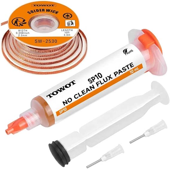 TOWOT 10ft Solder Wick Braid & No-Clean Soldering Flux Paste (10cc) - Desoldering Kit for Electronics Repair,Circuit Board Rework