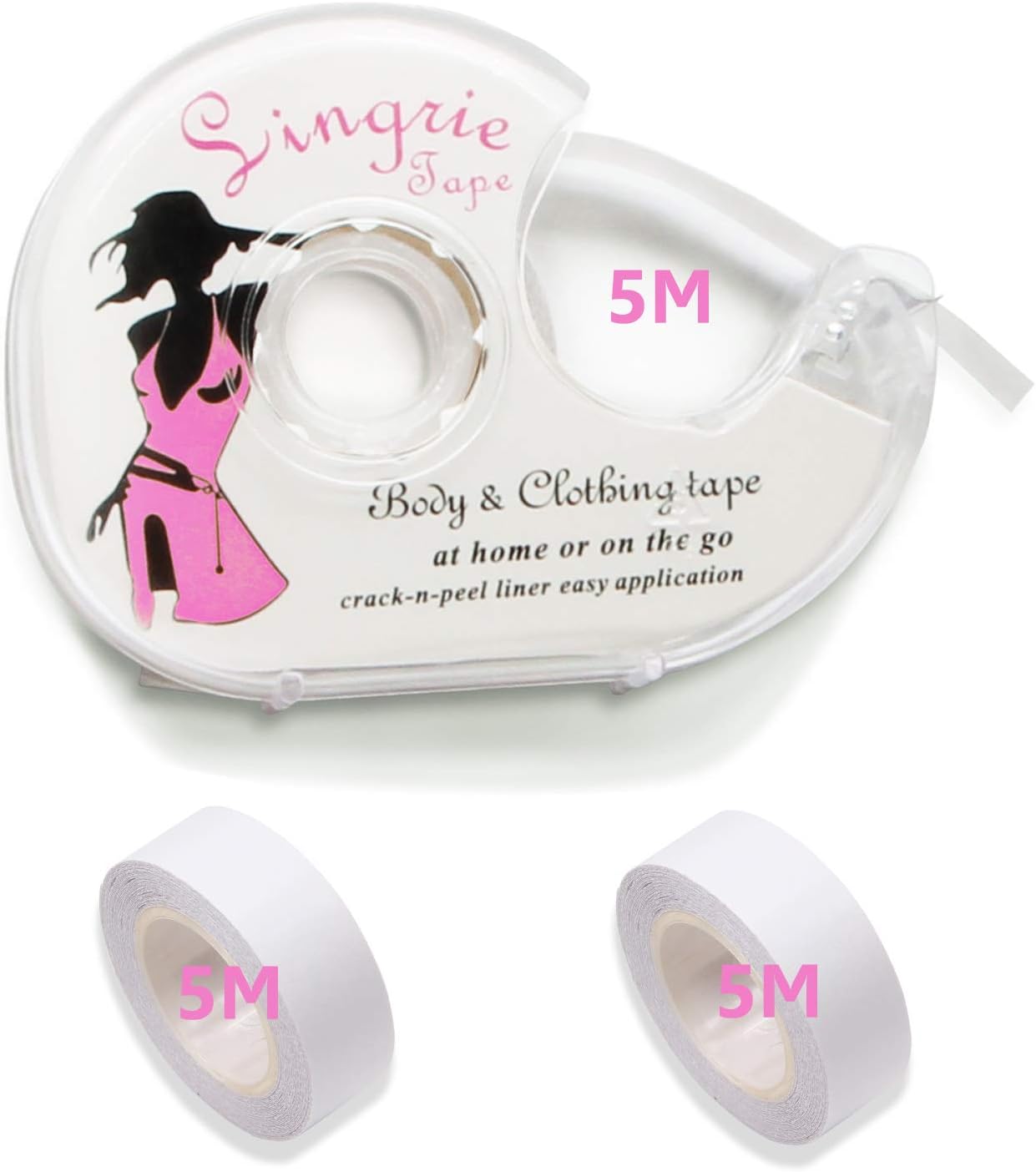 TAOHUIEU Body Double Sided Tape, 3 rolls Self Adhesive Clothes Flash Tape 5 Meters with 3 tapes and a Dispenser for Dress Secret Bra Tape, Middle, Transparent