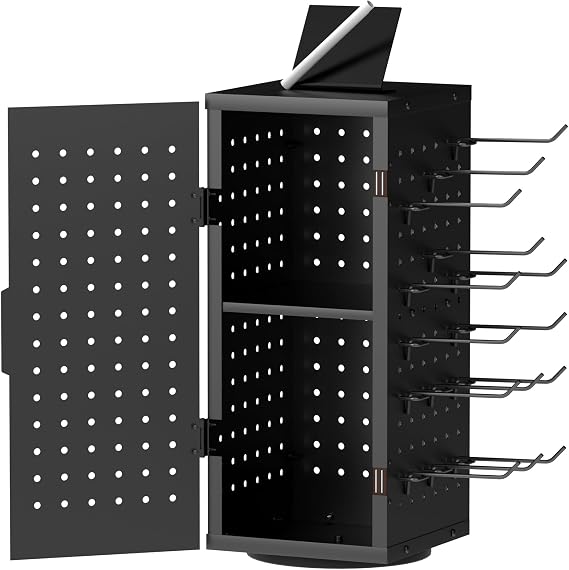 Alyoen Rotating Pegboard Display Stand With 24 Hooks - Metal Spinning Peg Board Organizer Accessories with Magnetic Door Design, Magnet Display Stand for Keychain, Jewelry, Earring(Black)
