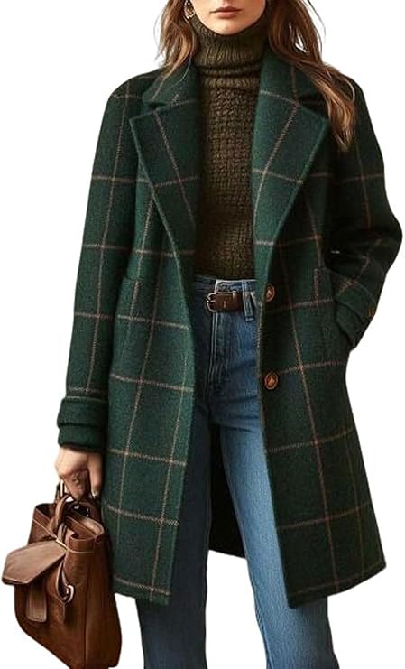 utcoco Women's Plaid Trench Coat Vintage Mid Length Notch Lapel Single Breasted Winter Wool Blend Outerwear