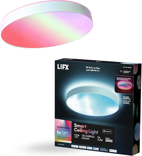 LIFX 13in Smart Ceiling Light, RGB, 2300lm, Matter, Apple Home, White Trim