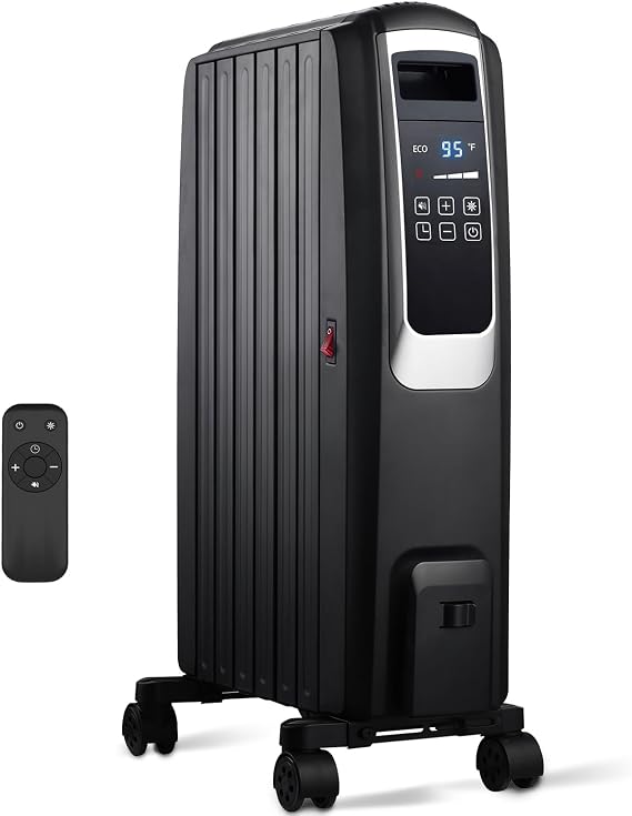 Oil Filled Radiator Heater, 1500W Electric Space Heater for Indoor Use with Remote Control & 24H Timer, Portable Room Heater with Thermostat, ECO Mode, Overheat & Tip-over Protection