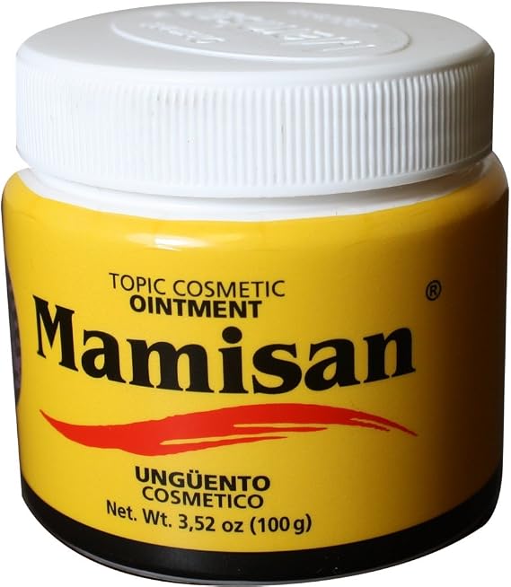 Unguento Mamisan 100 grams, Soybean oil, Petrolatum, Wax, Turpentine oil, Methyl Salicylate, Eucalyptus oil Fragrance, BHT, D&C Yellow no. 5.