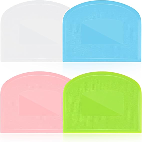 4 Pieces Food Scraper, Flexible Dough Scraper, Dough Scraper for Sourdough, Multifunctional Kitchen Scraper Tool, Baking Scraper, Bread Dough Cutter, Cake Smoother for Icing (White, Green, Blue, Pink)