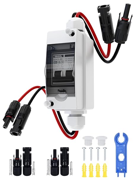 DIHOOL DC Circuit Breaker, Non Polarized, 20 Amp, 2 Pole, 12V - 400V, AC DC Disconnect Switch Box Outdoor, Battery Cutoff Isolator, PV Array MCB