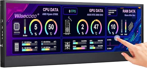 wisecoco 14'' 4K UHD IPS 3840x1100 Stretched Bar Touch Screen Display Monitor for Laptop PC Speed Temperature Compatible with AIDA64 (third‑party) Secondary Monitor for Music Media Timeline Editing