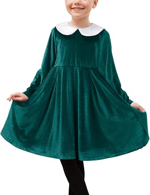 Jxstar Girls Velvet Dress Kids Peter Pan Collar Long Sleeve Shiny Midi Party Fall Clothes
