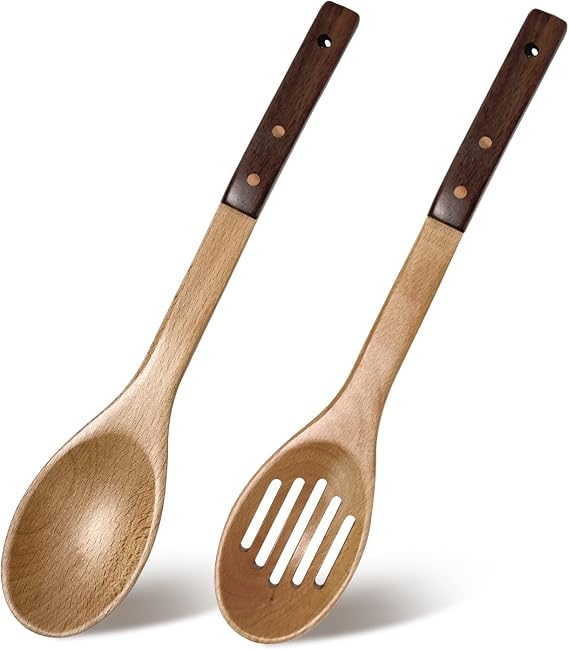 Walnut and Beech Wood Cooking Spoon Set Solid Slotted Kitchen Spoon 13in Long Utensils for Mixing Serving Stirring Frying Draining Large Spoon Set 2PCS