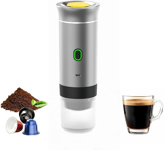 Mini Electric Espresso Coffee Machine, Small Self-Heating, Portable Car Coffee Maker with Capsule and Ground Coffee for Office, RV, Travel, Camping, Hiking (silver)