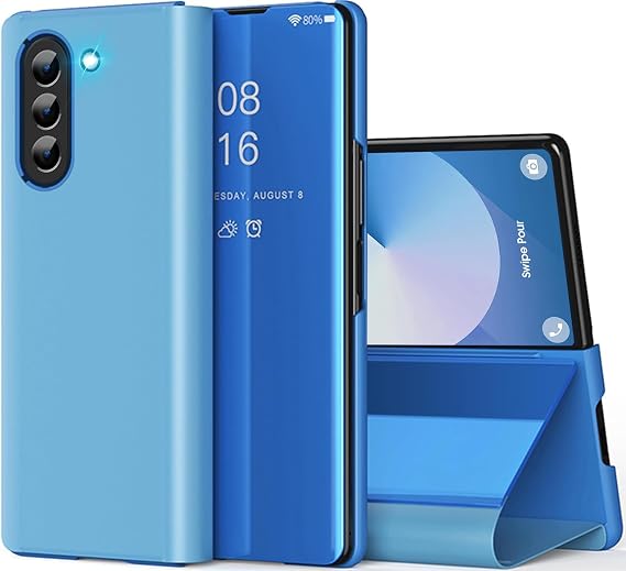 Galaxy Z Fold 6 Cover Cases Compatible with Samsung Z Fold 6 Flip Cell Phone Case Clear View Mirror Flip Cover PU Leather with Kickstand Protective Cover for Samsung Galaxy Z Fold 6 (Blue)