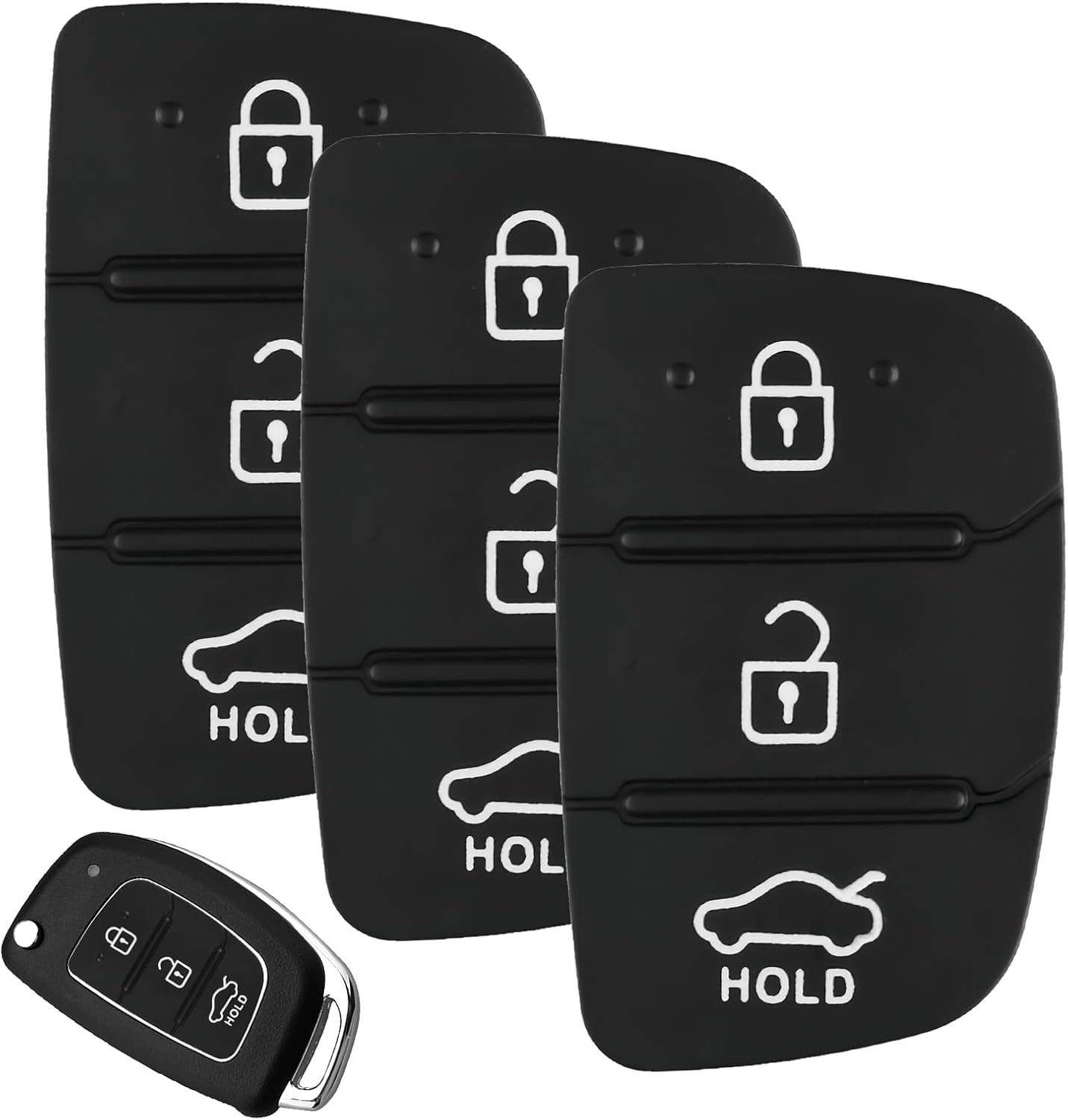 3Pcs 3 Button Key Fob Cover Compatible with Hyundai i40 i30 i20 i10 ix20 ix30 ix35 Santa Fe Tucson Elantra Accent Car Remote Control Flip Key Fob Shell Case Rubber Pad Replacement Black