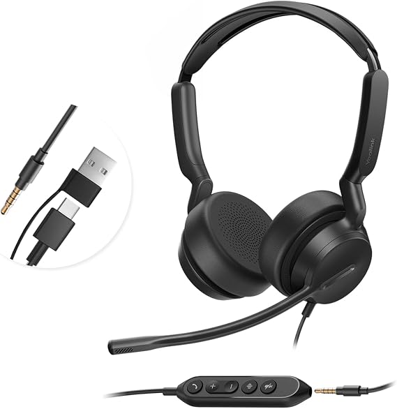 Yealink UH42 SE Wired Headset with Mic, USB-A/C & 3.5MM Stereo Computer Headsets with Noise Cancelling Microphone for PC, Laptop, 7ft Cable in-Line Control Headphones Work with Teams, Zoom, UC