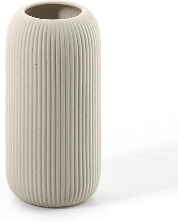 Modern Ceramic Vase White Ribbed Cylindrical Shape (Beige)