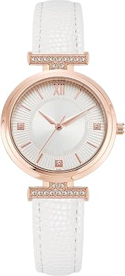 MOVEBEST Womens Watch, Classic Crystal Diamond Design Quartz Simulated Womens Watch, White Breathable Leather Strap Rose Gold dial Womens Watch Gold