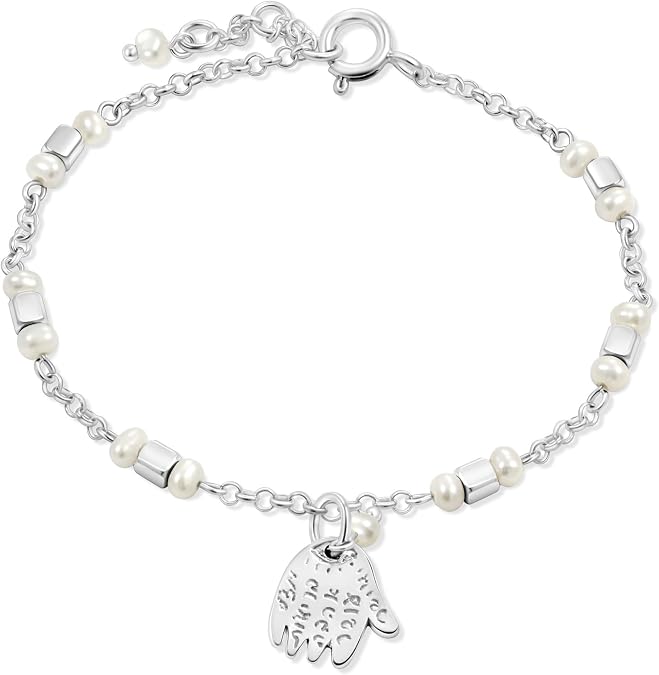 ADITA GOLD 925 Sterling Silver - Pearl Bracelet for Women - 3mm Round Pearls with Hamsa Charm - Adjustable 16-18cm Chain - June Birthstone Jewelry - Elegant Gift Anniversary Bracelet for Women