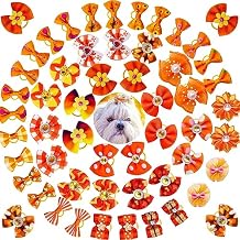 100pcs Fall Pet Small Dog Hair Bows with Rubber Bands, Bulk Thanksgiving Orange Puppy Dog Grooming Bows, Handmade Pearl and Rhinestones Yorkie Dog Bows for Festival Dog Hair Accessories