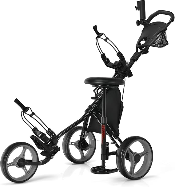 COSTWAY 3 Wheel Golf Push Pull Cart, Lightweight Foldable Golf Trolley with Adjustable Height Handle, Umbrella Stand, Cup Holder and Foot Brake