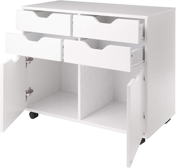 Ergode Halifax 2-Section Mobile Storage Cabinet with 4 Drawers and 2 Cabinets Rolling Organizer with Locking Wheels in White Finish for Home or Office Use 5.98" D x 32.13" W x 26.3" H