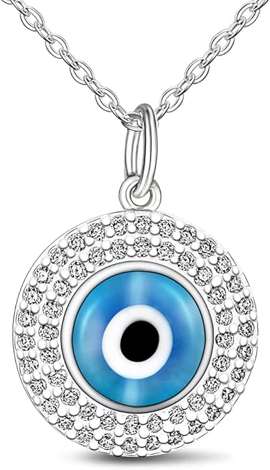 ELEGANZIA Blue Evil Eye Necklace for Women Sterling Silver Cubic Zirconia Turkish Eye Pendant Third Eye Necklace Lucky Evil Eye Necklace Charm Protection Jewelry Amulet Adjustable 18"-20"