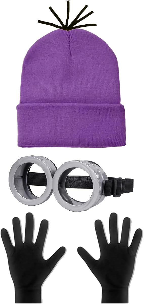 3Pcs Halloween Costume Accessories, Purple Beanie/Steampunk Goggles/Gloves for Men Women, Festival Cospaly Party Costume Set