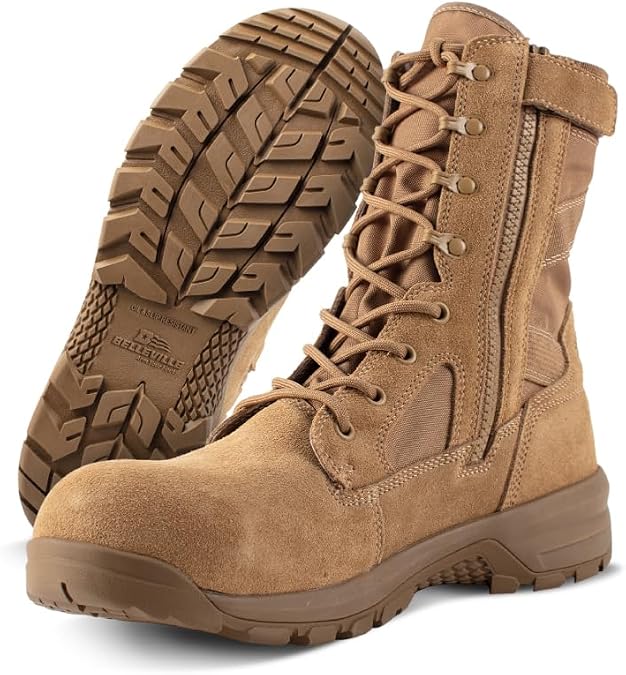 Belleville Composite Toe Military Tactical Boots for Men, Leather, Side Zip | Side Zip for Fast On/Off, Composite Toe Protection, AFI 36-2903 & Berry Compliant, Lightweight Hot-Weather Comfort